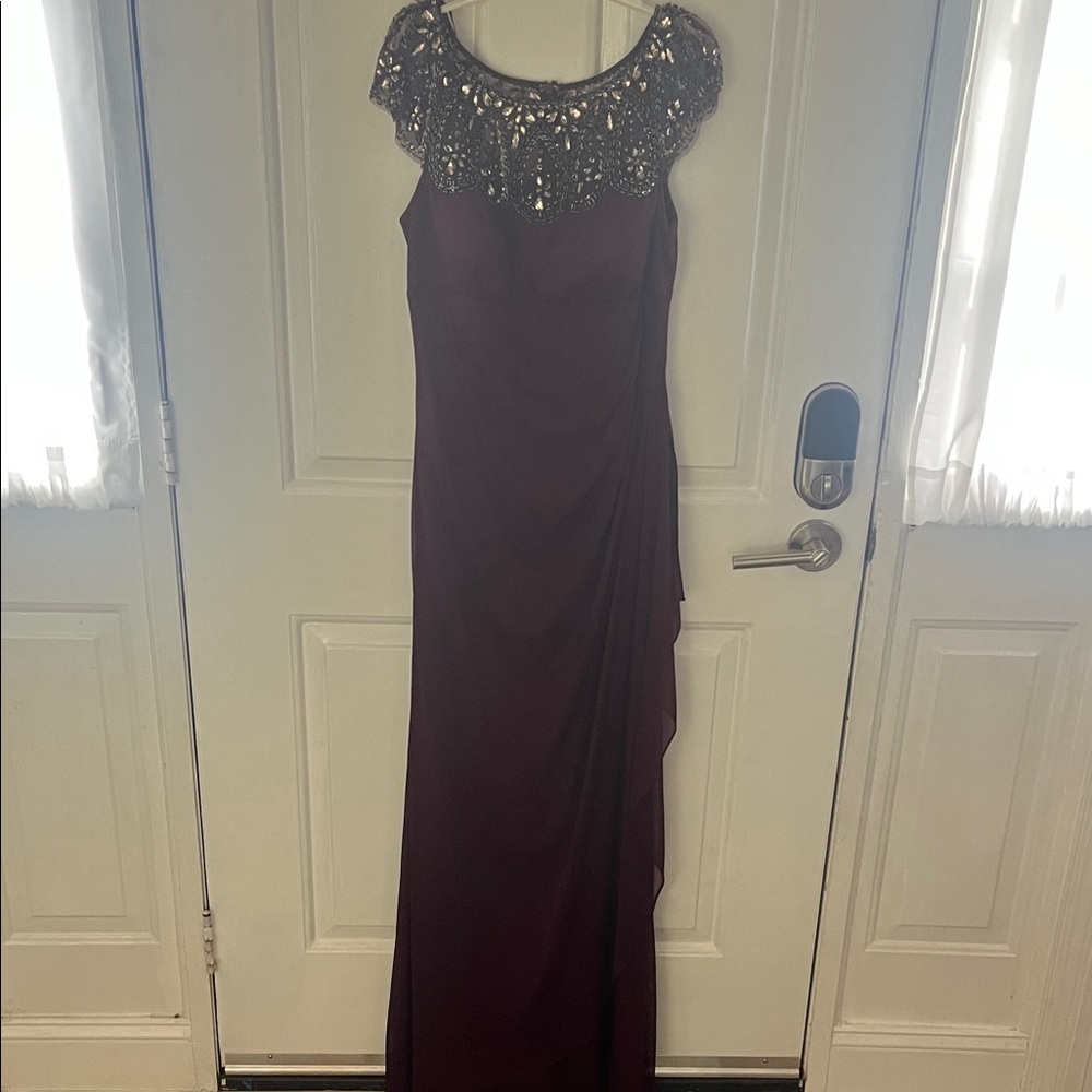 Xscape Burgundy Maxi Dress with Sequin Beaded Neckline